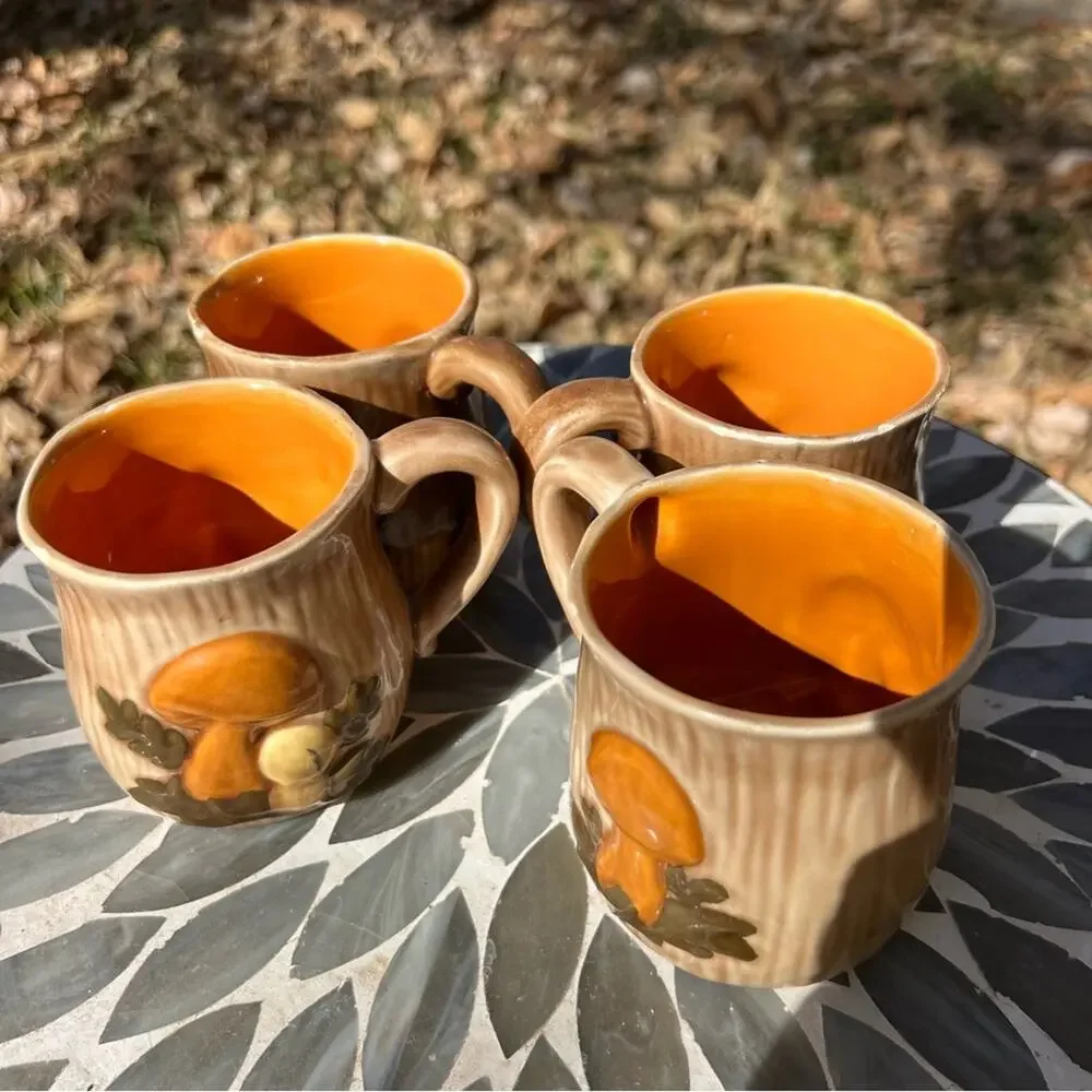 Vintage 70s Mushroom Coffee Mugs Set of 4 Retro Hippie Groovy Hand Painted